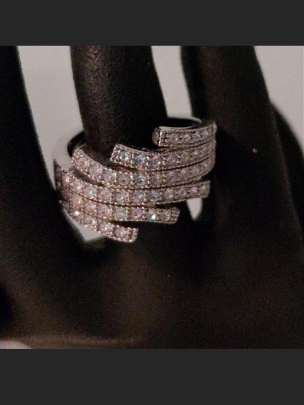 Source Unknown Silver Multi-Row Pave Crystal Wrap Ring
